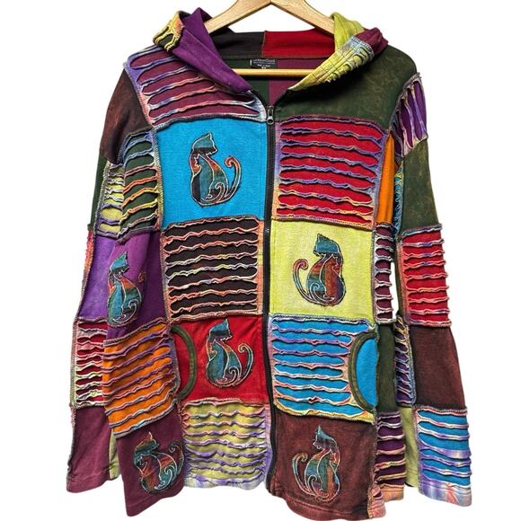 GreaterGood Sweaters - Greater Good Patchwork Full Zip Sweatshirt Jacket 3X Embroidered Cats Artsy
